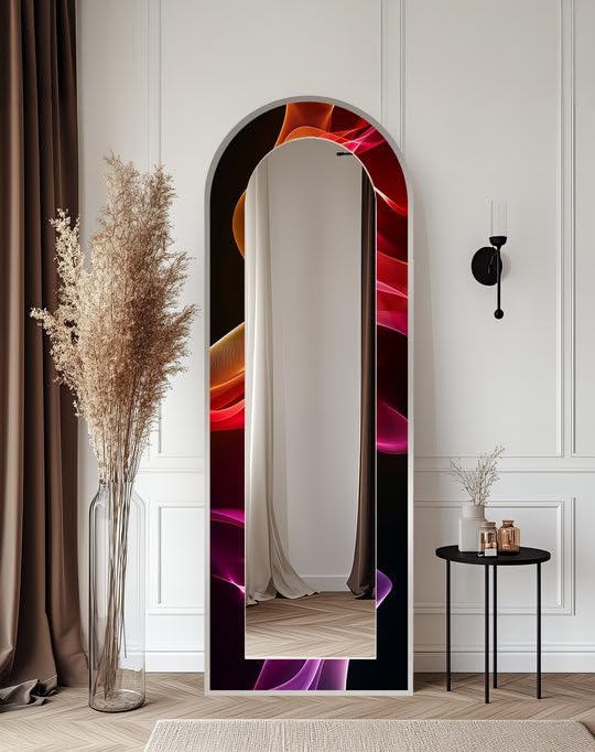 Specchio da pavimento a onde luminose cremisi da 23,5'' W x 67''H Crimson Drift - Specchio da pavimento arcuato a tutta lunghezza - Specchio da pavimento colorato con cornice nera