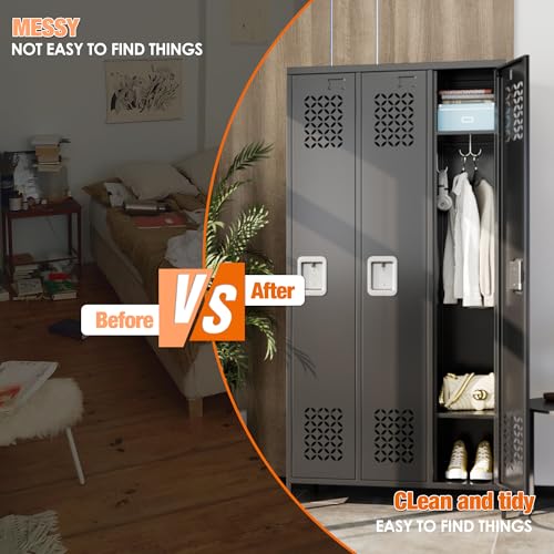 Image of Aobabo Upgrade Metal Storage Locker for Employees, 3 Doors Steel Storage Locker with Air Hole for Office Gym School, Industrial Storage with Hooks, Black, Assembly Required