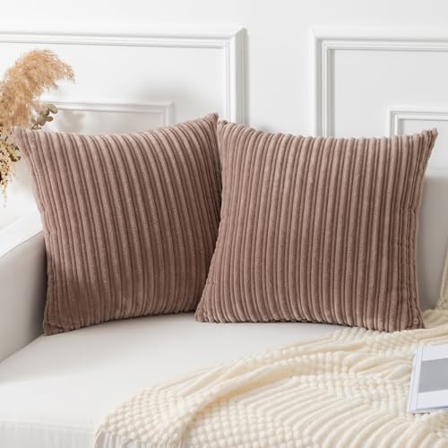 Kevin Textile Striped Corduroy 18”x18” Pillow Covers 2 Pack, Light Brown
