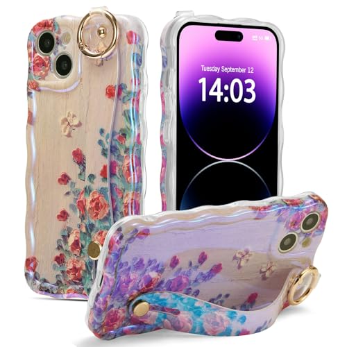 Coque de protection iPhone 14 beige avec sangle arrière et motif fleur peinture vintage brillante