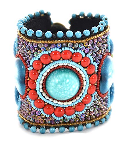 Bracelet turquoise en cuir et porcelaine, l'art du fait main haut de gamme