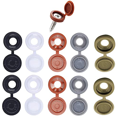 200 Pieces Hinged Screw Cover Caps, Plastic Screw Covers Caps for Number 6/8 Screws, Fold Screw Snap Covers Screw Decorative Caps(Black, White, Gray, Brown, Bronze)