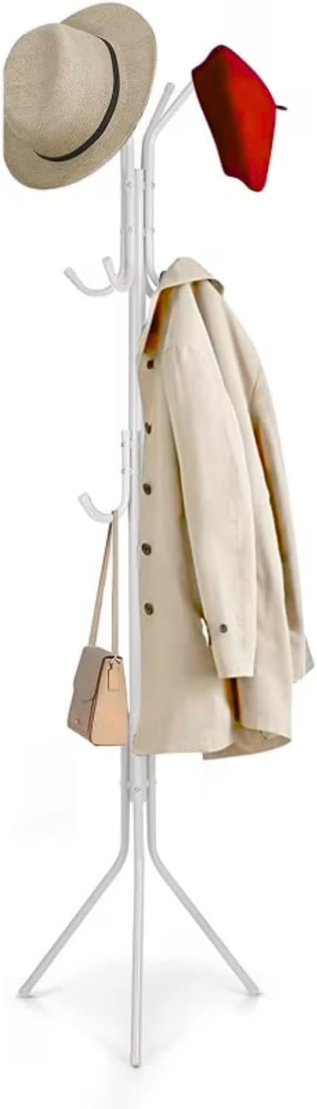 Coat Rack Stand with 12 Hooks, Freestanding Clothes Hanger for Hats, Bags, Scarves, Jackets, Umbrellas, White,170cm Height, Three-Legged Base
