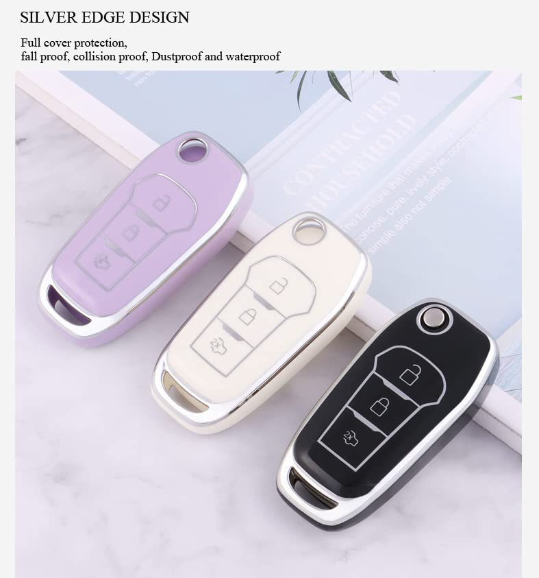Image of JVCV Silver Border TPU Key Cover Compatible with Ford Endeavour Figo Aspire Freestyle 3 Button Folding Key (White)