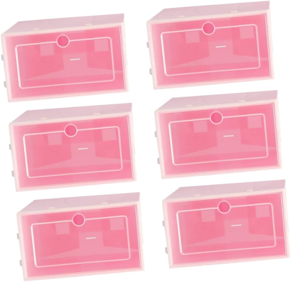 Healifty 6PCS Transparent Stackable Shoes Storage Box Thickened Plastic Shoe Organizer Bin Pink Small S for Closet Entryway Under Bed Container with Door for Easy Visibility