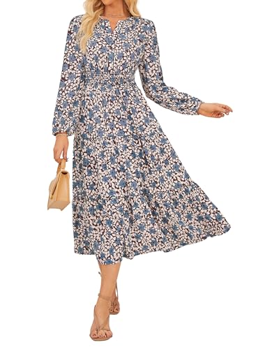 Damen Elegant A Linine Kleid Herbst Langarm Maxi Kleid Festlich Boho Blumenkleid CL37-04/Braun mit Blauer Blume L