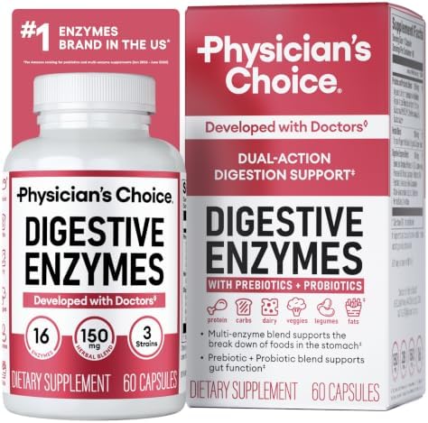 Physician's CHOICE Digestive Enzymes for Bloating & Digestion - Fast-Acting 16 Enzyme Formula with Organic Prebiotics & Probiotics for Gut & Digestive Health - Meal Time Discomfort Relief - 60 CT