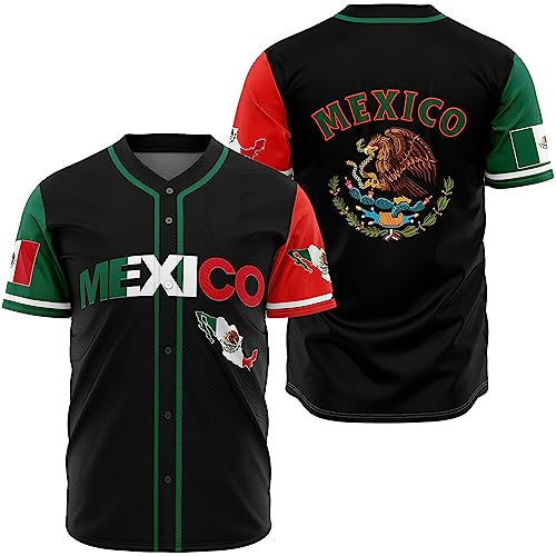 Mexico Jersey Shirts, Eagle Mexico Baseball Jerseys Button Down Shirt, Mexican Flag Baseball Jersey Sports Shirt for Men (Black, Size M)