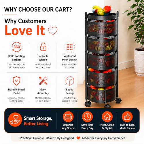 Image of Homeor 5 Layer Kitchen Trolley with Wheels | 360 Rotating Metal Storage Rack for Vegetables, Fruits, Onion & Spices | Square Multipurpose Kitchen Organizer Stand | Metal Kitchen Trolley, Matte Black