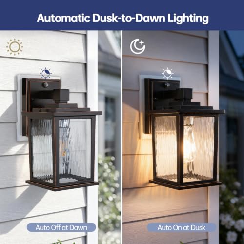 Image of Dusk to Dawn Outdoor Light Fixture, Oil-Rubbed Bronze Porch Light | 12'' Aluminum Outside Wall Lantern with Water Ripple Glass, Hardwired Exterior Sconce for Patio Garage, Bulb Not Included