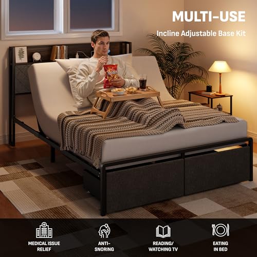 Image of Softa Queen Adjustable Bed Frame with Storage Headboard and Charging Station, Power Head Lift with 2 Footboard Drawers, Upholstered Metal Frame, No Box Spring Needed