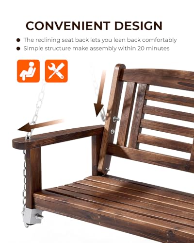 Outvita Wooden Porch Swing, Outdoor Patio Swing, 44\" Swing Bench with Hanging Chains and Reclined Backrest for Deck, Garden,Yard, Balcony, Room 600 lbs Capacity Fir Wood (Carbonized Color)