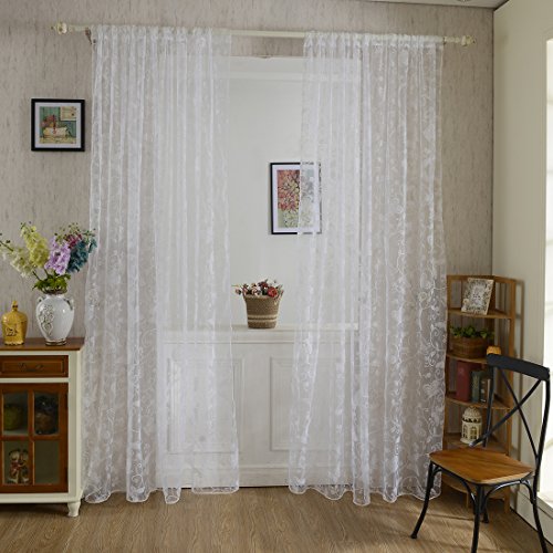 Haoun 2Pcs Butterfly Flocking Voile Tulle Sheer Curtain Window Panel Drape 39.4X78.8 - White #TOP10