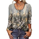 Camiseta con Botones en el Cuello en U, Elegante Blusa Floral con Botones en el Cuello en U, Suelta, Suave, Amigable con la Piel, Manga Larga para Mujer para el Día a Día (M)