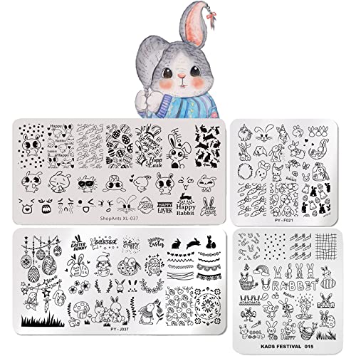 4 peças de placas de estampagem de arte de unhas de páscoa com design de coelhinho fofo kit de model