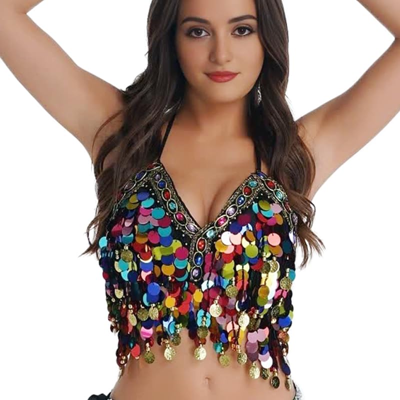 Sujetador Wuchieal con lentejuelas brillantes y diseño tribal bh ajustable negro