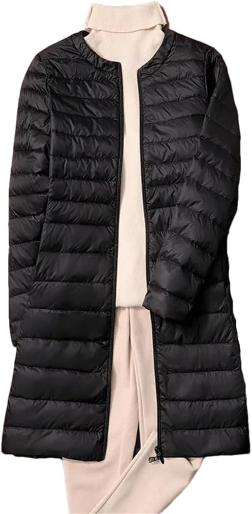 Women Autumn Winter Ultralight Long Duck Down Coats Style O-Neck Feather Liner Collarless Puffer Jackets Black M