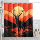 Duschvorhang mit Berg-Sonnenuntergang, Retro, Rot-Orange, Landschaft, Duschvorhang für Badezimmer, Herbst, Winter, Vintage, Natur, wasserdichter Stoff, Duschvorhang-Set mit Haken, 183 x 183 cm