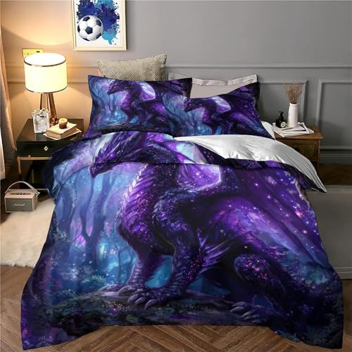 Housse de couette dragon pourpre 3D parure de lit microfibre 200x200cm confortable