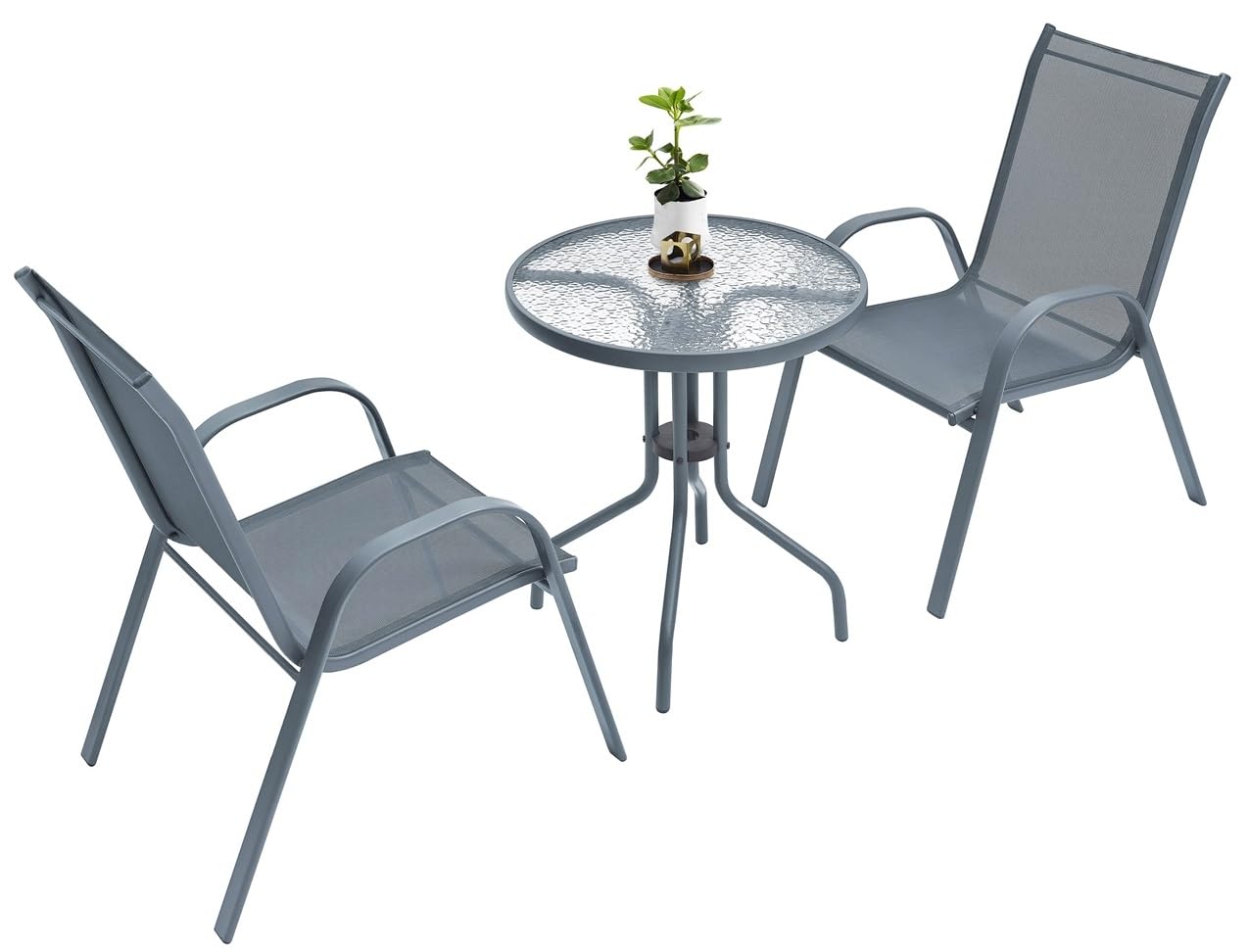 Gartentisch Glastisch Bistrotisch Balkontisch 60x60x70cm Outdoor Garten Terrasse Grau mit gemusterter Glasplatte