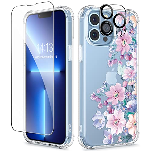 GVIEWIN for iPhone 13 Pro Max Case with Screen Protector + Camera Lens Protector, Soft Shockproof Clear Floral Phone Protective Case Cover for Women Girls, Flower Pattern Design (Anemone Blooms Pink)