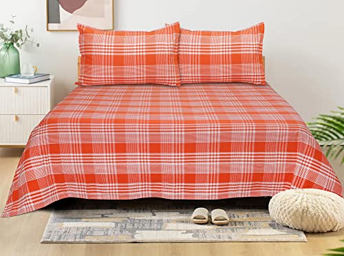Image of AIRWILL, 200GSM Handloom Cotton Double Bedsheet with 2 Pillow Covers (Track Dobby Orange)