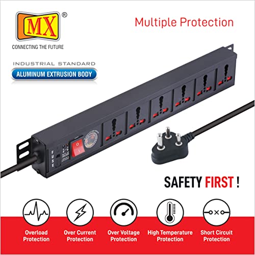Image of MX Universal Socket Extension Board with Child Safety Shutter Power Strip Wall /Desk Mount Heavy Duty Alumminium Extrusion Body (6-Outlet Universal Spike Protector 1.5 MTR)