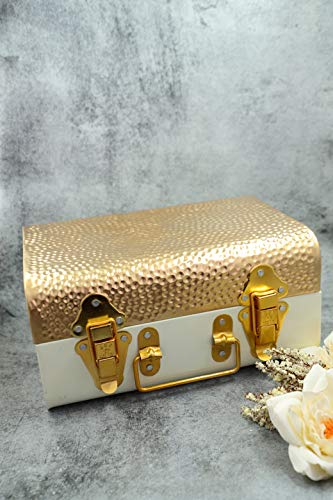 Hammered Copper Rectangular Decorative Storage Chest Box/Trunk (10x7x5 Inches, White and Golden) by Indian Collectible