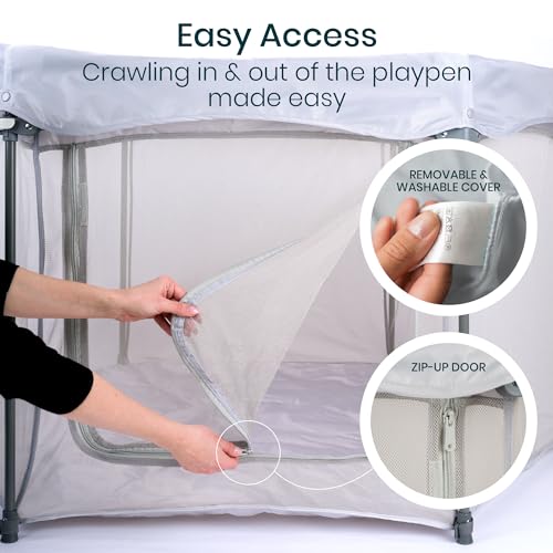 Tutti Bambini Baby Playpen - Foldable Playpen for Baby and Toddlers with Breathable Mesh Walls, Padded Frame, Zip Door & Fitted Playpen Mat, Baby Play Pen with Travel Bag (135 x 135 x 75 cm), Silver - Image 5
