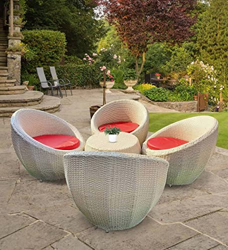 Image of Artic Fashion Apple Chairs Table Set 4+1 Wicker Patio Furniture Sets 4 Chair and 1 Table with Cushions for Garden Balcony Bedroom Powder Coated Frame Uv Protected Wicker (Off White+Red)