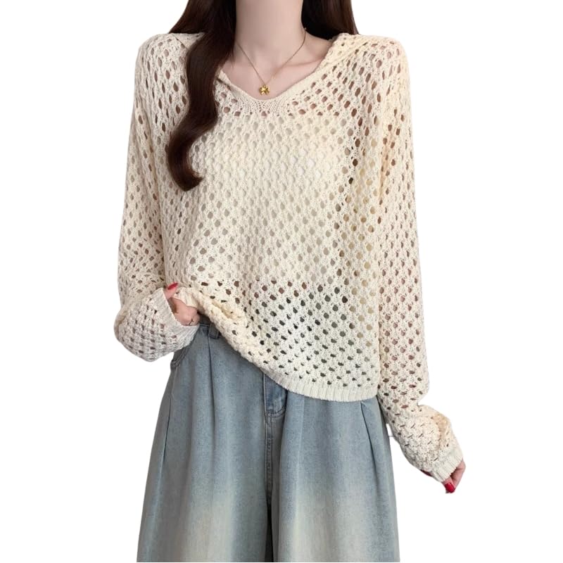 Gehäkeltes Crop Top für Damen, Beige, Langarm, V Ausschnitt, Hollow Grid, Stretch Strick Hoodie, T Shirt, Sommer, Lässig, Transparent, Bikini Überzug
