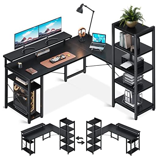 ODK L Shape Computer Desk with Monitor Stand, 61 Inch Home Office Desk with Storage Printer Shelves, Sturdy Gaming Table with Reversible Bookshelf for Bedroom, Black