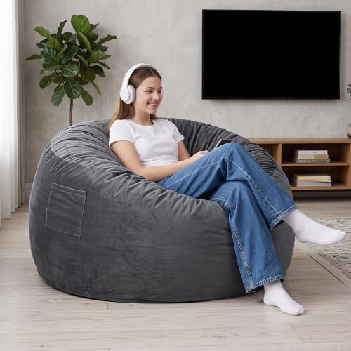 Image of Kromax Bean Bag Chair with Filling Included, Large 4FT Comfy Bean Bag Chairs for Adults, Teens, Memory Foam, Machine Washable Thick Dutch Velvet Cover, for Living Room, Den, or Bedroom, Dark Grey