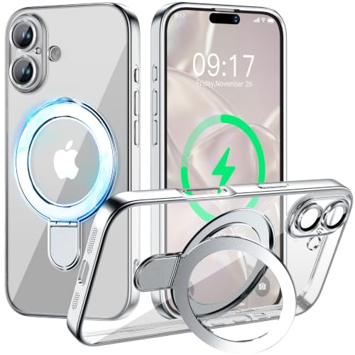 Image of Magnetic for iPhone 17 Case with Invisible Stand[Compatible with MagSafe][Full Camera Lens Protector][Military Drop Protection] Shockproof Not Yellowing Clear Slim Soft for Women Men