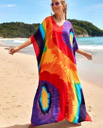 Bsubseach Kaftan Dresses for Women Plus Size Tie Dye Batwing Sleeve Caftans Swimsuit Coverup Maxi Dress Loungewear2