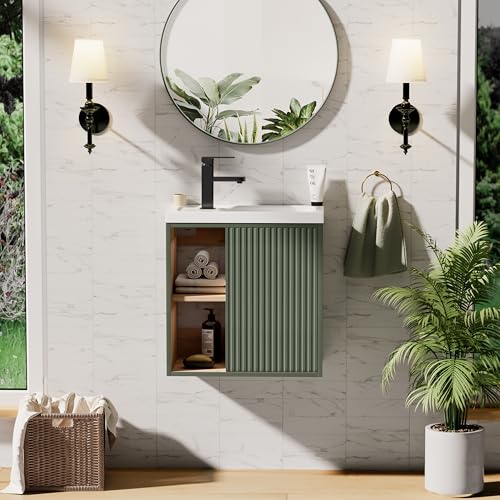 UEV Meuble Lave-Mains Mural, Meuble Lavabo Suspendu, Lavabo en Résine, Espace de Rangement Caché/Ouvert, Motif de Ligne, 51 x 30,5 x 54 cm, Vert