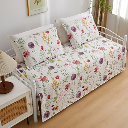 Image of Jarson 3 Pcs Floral Daybed Cover Set Twin Size Purple White Dandelion Flower Sofa Cover Bedding Sets Double Side Bed Set for All Season Botanical Pattern Daybed Quilt Set with Pillow Shams