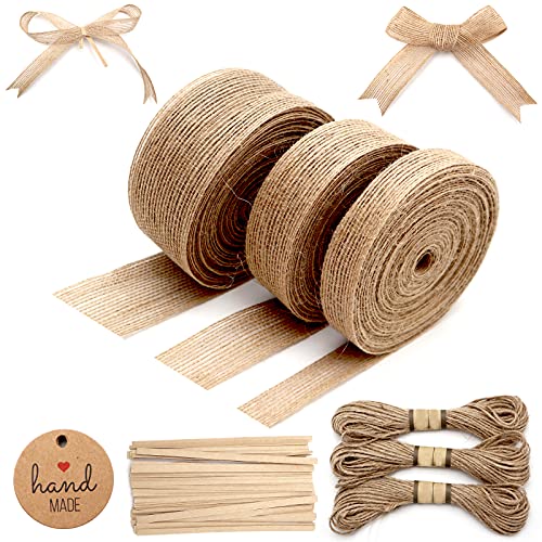 weiwei 3 Rolls Burlap Natural Ribbon,5/8,1,1-1/2 Inch Craft Jute Fabric Ribbon with Twine/Kraft Paper Tags/Twist Ties for Gifts Wrapping,Wedding,Party,Christmas,Home Decoration (3 x 10 Yards)