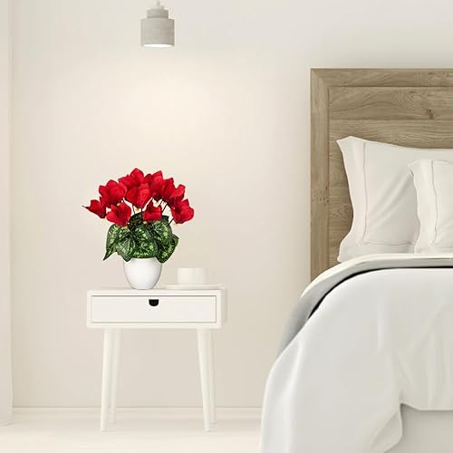 Miniatura 5 de Hollyone Flores artificiales de ciclamen en maceta, flores de seda falsas en maceta blanca, arreglo de flores de ciclamen rojo sintético, decoración