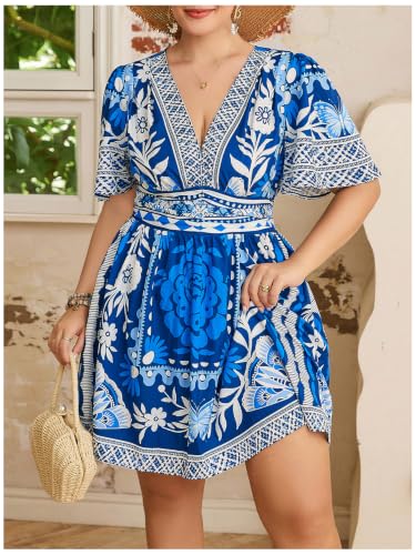 Image of Floerns Women's Plus Size Printed V Neck Short Sleeve Ruffle Hem Summer Short Dresses