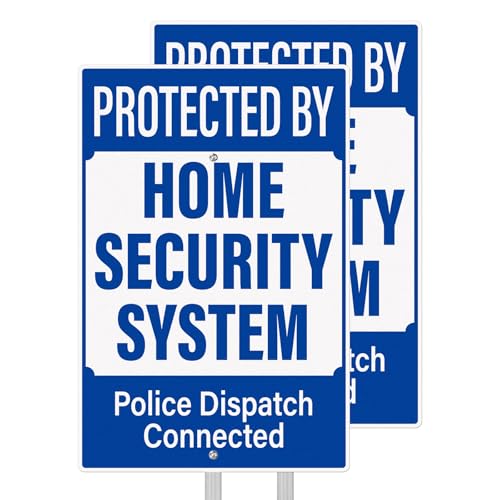 Anobell 2 Pack Home Security System Signs for Yard 8" x 12" Aluminum Police Dispatch Connected Warning Sign with Stakes Rust-Free UV Protected House Alarm Signage for Driveway Fence Gate Lawn