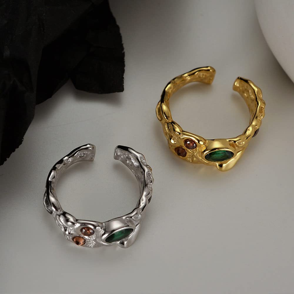 Anello In Argento Sterling 925,Anelli Regolabili Per Le Donne Anelli Di Eternità Forgiati A Mano Irregolari In Argento Sterling 925 Verde Zircone Anelli Di Fidanzamento Placcati In Oro Anelli Di Fi