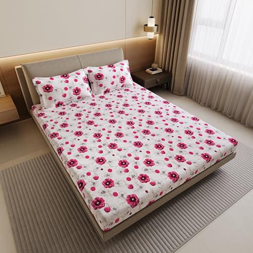 Image of Divine Casa Elastic Bedsheet Double Size (200 x 150 CM) with 2 Pillow Covers | Cotton Double Bed Sheet | Fitted Sheet for Double Bed | Snug Fit Mattress Sheet 200x150