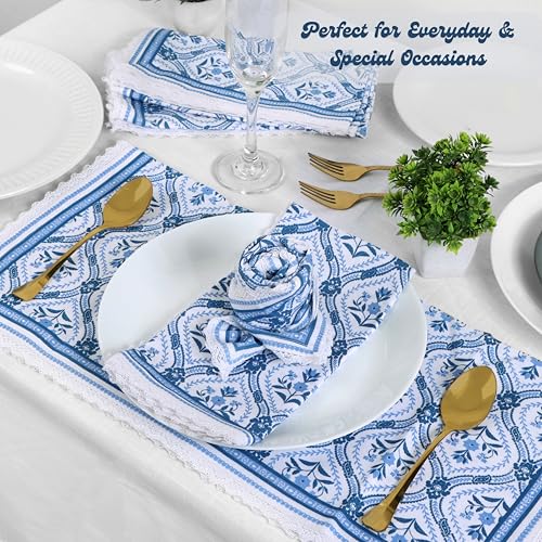 Image of FINGERCRAFT Table Napkins Set of 12 Cotton Linen Fabric with Classic Lace 20x20 Inch (50cmx50cm) Dinner Napkin Durable and Good Absorbency for Home, Hotels, Parties (Blue Damask)