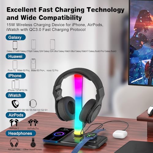 Padwa Lifestyle Gaming Headset Stand, Headset Stand with 7 Lighting Effect Modes, Headset Holder with 1 USB Port and 2 Type C Ports, Headphones Holder with Wireless Charging Padwa Lifestyle Gaming Headset Stand, Headset Stand with 7 Lighting Effect Modes, Headset Holder with 1 USB Port and 2 Type C Ports, Headphones Holder with Wireless Charging