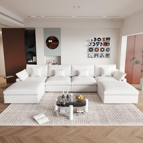 Cloud Couch Modular Sectional Sofa for Living Room, Down Filled 160" U Shaped Couch with Ottoman, Modern 6 Seater Convertible Couches, Covers Washable&Replaceable, White