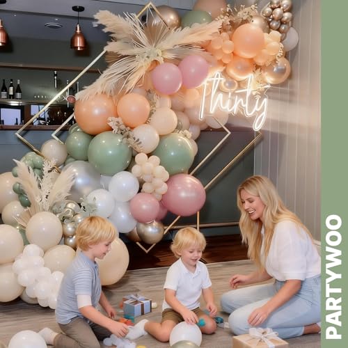 Image of PartyWoo Pink and Green Balloons 65pcs 12 Inch Metallic Gold Sand White Sage Green Nude Dusty Pink Gold Confetti Balloons for Baby Shower Wedding Engagement Princess Birthday Party Decorations