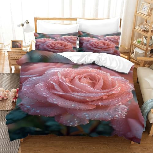 Linge de lit de qualité supérieure microfibre effet soie imprimé floral rose 3D - 3