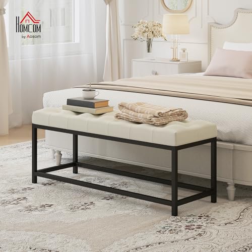 HOMCOM Banco Pie de Cama, Tapizado en Terciopelo, Banqueta para Dormitorio, Diseño Capitoné, Base de Metal, Banco para Dormitorio, Entrada, Salón, Recibidor, Crema - imagen 2
