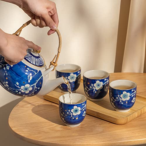 Taimei Teatime Japanese Tea Set, Ceramic Tea Sets With 1 Teapot, 4 Tea Cups, 1 Stainless Infuser, Beautiful Asian Tea Sets For Adults With Blue And White Plum Blossom Patterns, Tea Sets For Women #TOP3